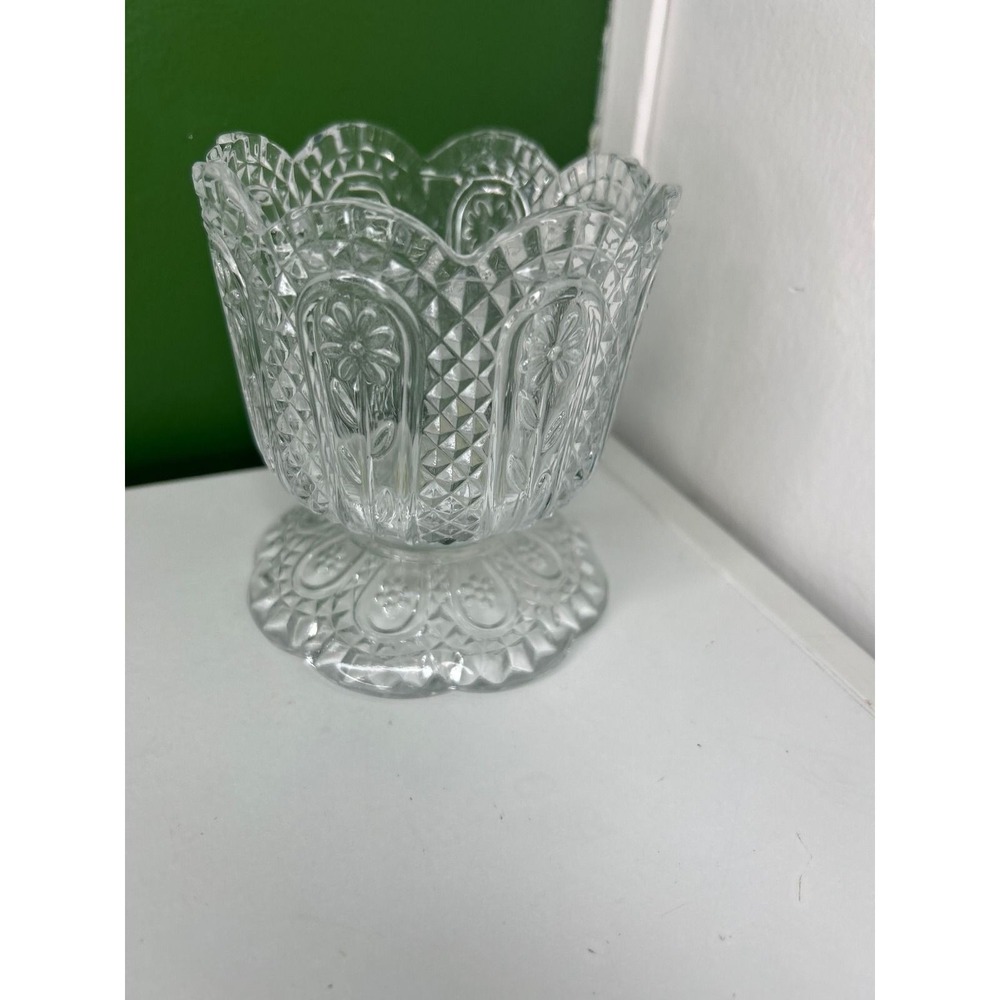 Vintage Pressed Clear Glass Floral Diamond Pedestal Votive Candle Holder Vase